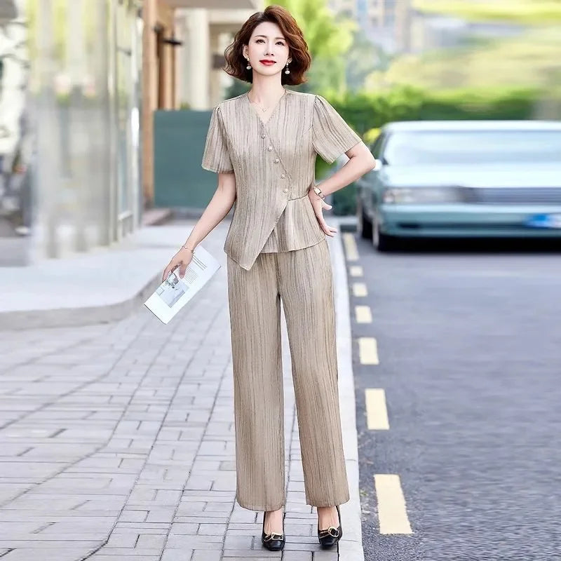 2025 Female Fashion Short Sleeve 2PCS French Women New Two-piece Set Summer Middle Aged Mother Solid Color Wide Leg Pants Outfit