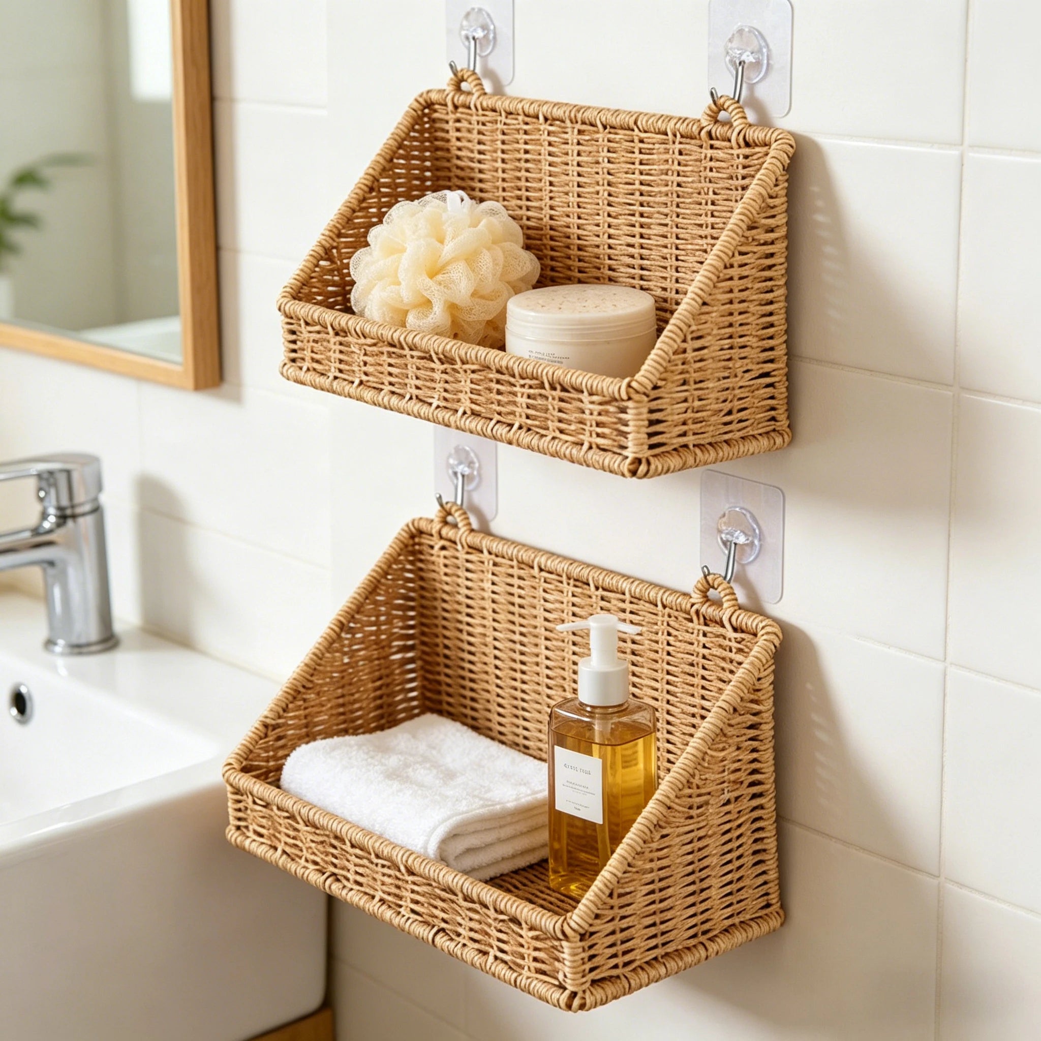 Woven Imitation Rattan Wall Mounted Storage Basket Slanted Shelf Organizer for Kitchen Living Room Bathroom Bedroom Balcony