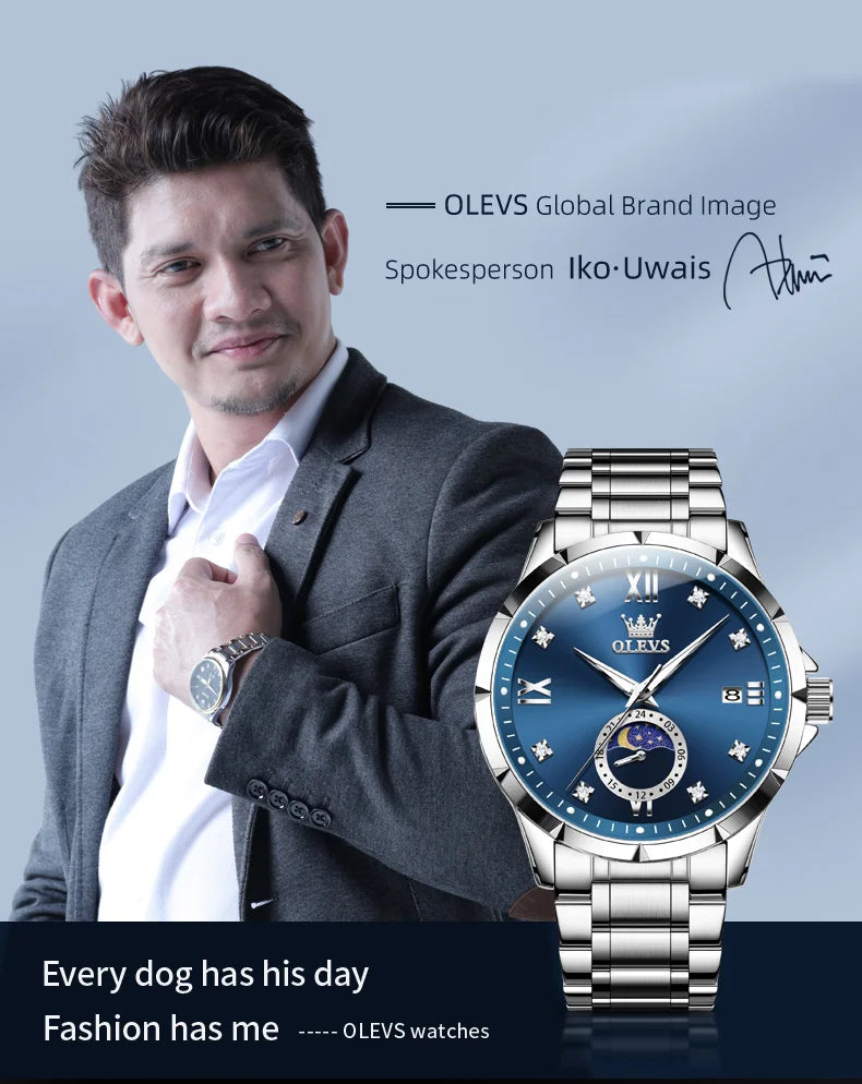 OLEVS 2956 Mens Watch Business Original Quartz Watch Large Dial Waterproof Luminous Automatic Date Moon Phase Watches For Man