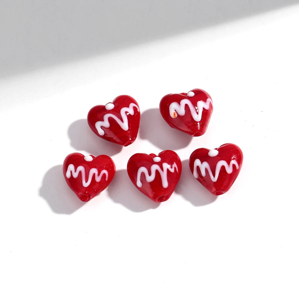 5Pcs Red Heart Lampwork Glass Beads Charm Dot Love Peach Loose Bead for DIY Craft Jewelry Making Necklace Bracelet Accessories