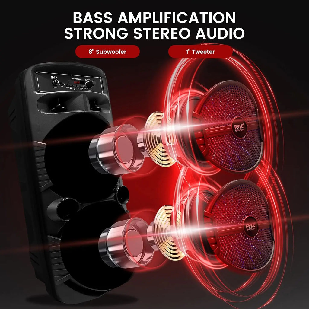 Rechargeable Portable Bluetooth PA Speaker System with 600W Power, Dual 8-Inch Subwoofers, 1-Inch Tweeter, Mic Input, Party Lights, USB, FM Radio, and Remote Control – Ideal for Outdoor Parties