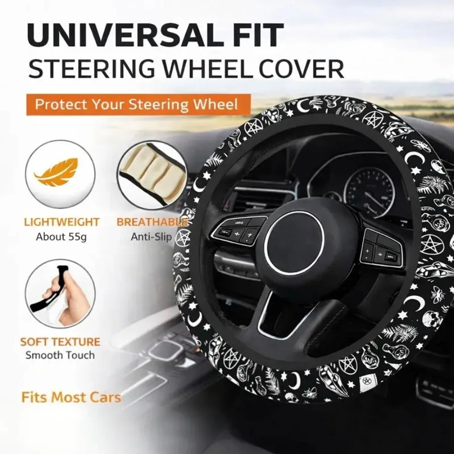 [Anti-Slip Car Protector] 15 Inch Universal Skull And Moon Steering Wheel Cover 1pc All-Season Anti-Slip Durable Car Protector,
