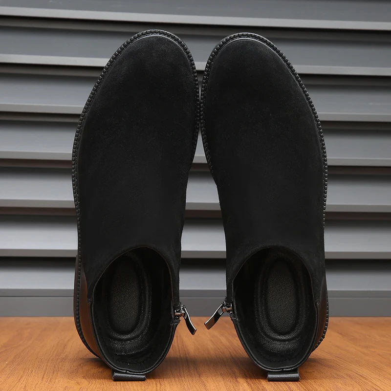 Classic Black Leather Pointed Chelsea Mid Top Boots Leather Shoes Fashionable Suede Leather Men's Autumn Comfortable Short Boots