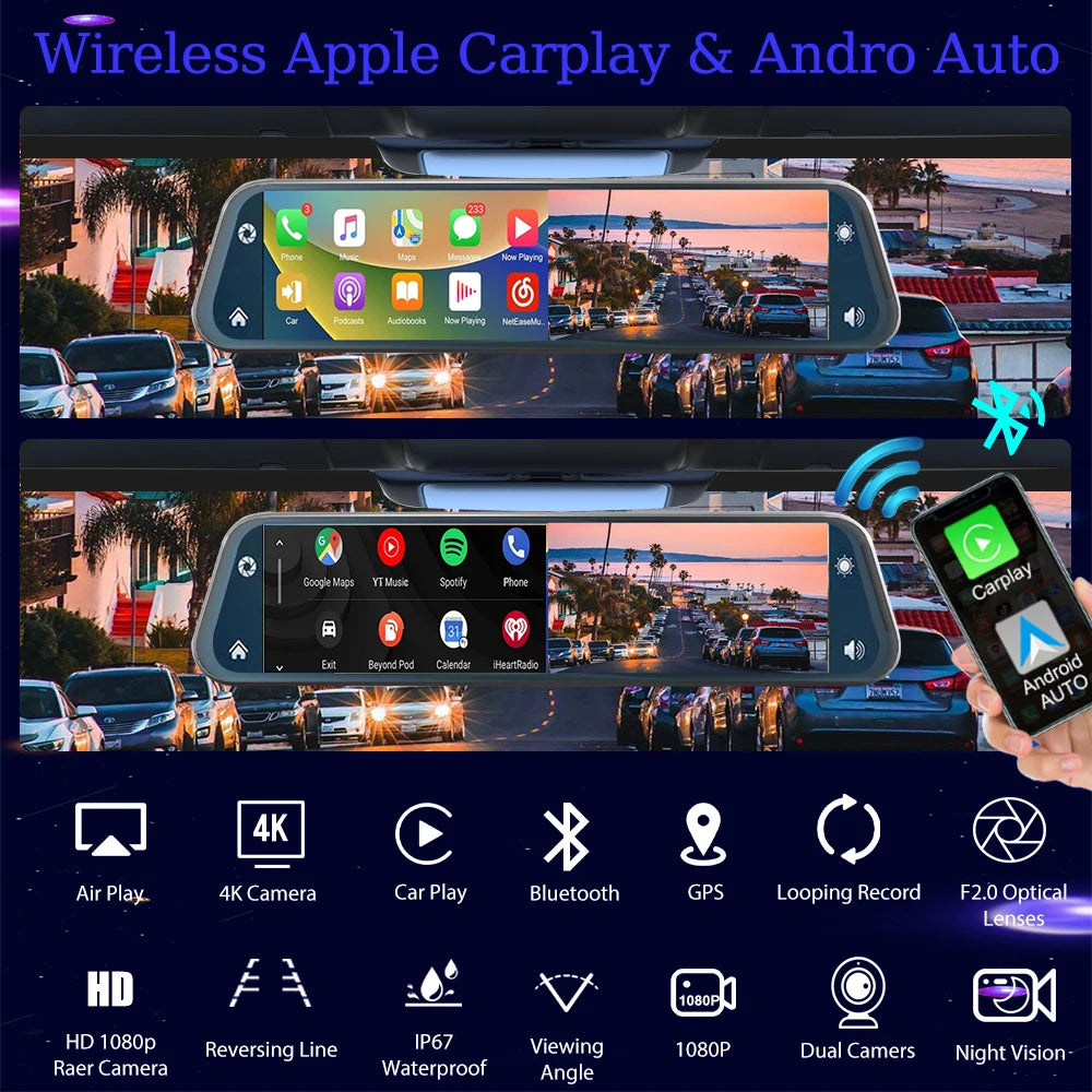 Aprilboy 10'' 4K Mirror Dash Cam Dual Camera with Wireless Carplay Android Auto Parking Assistance Loop Recording Navigation