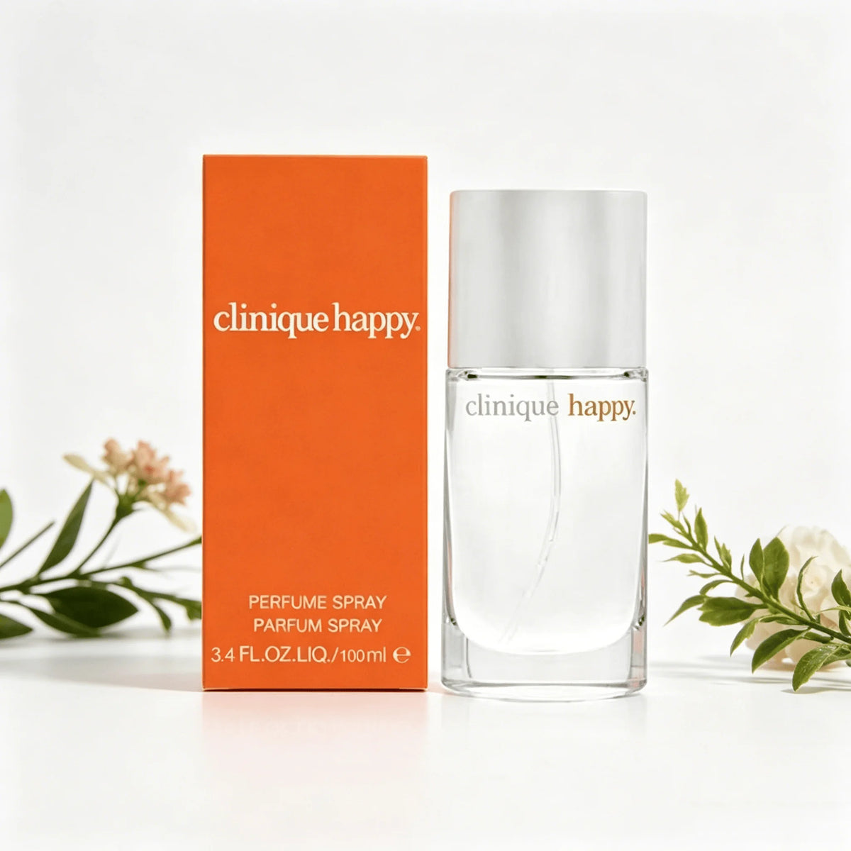 Clinique Happy Perfume Spray 100ML With Original Orange Gift Box Long Lasting Bright Fresh Citrus Floral Fruity Fragrance Women Perfume Clear Square Glass Silver Cap Bottle Cheerful Daily Scent Holiday Dating Gift for Ladies