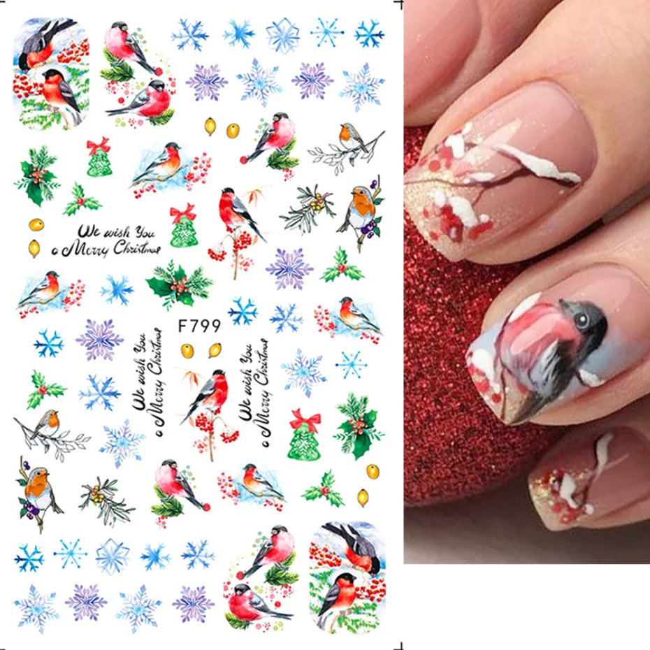 Autumn and Winter Blue Landscape Lines Flowers Birds Butterfly 3D Stickers Nail Art Decals Nail Parts Christmas Nail Stickers