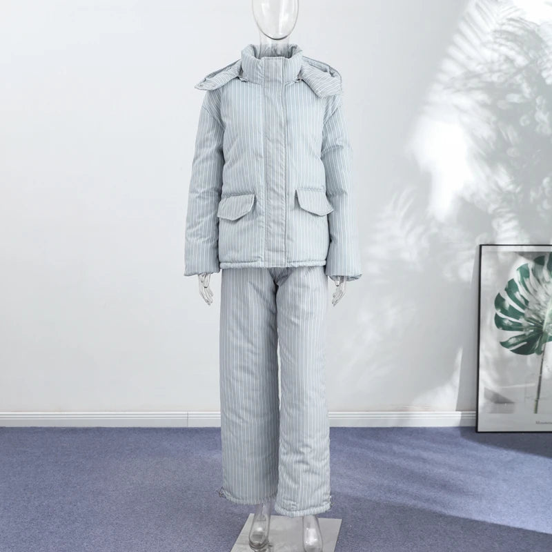 Casual Women's Stripe Set With Hat Full Sleeve Cotton Padded Coat Straight Pants Female Loose Sets 2026 Autumn Winter Lady Suit