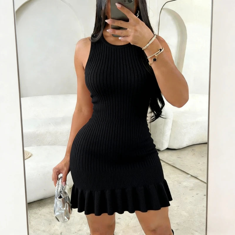 Women's Green Sleeveless Halter Neck Sundress Stretchy Ribbed Knit Ruffle Bodycon Mini Dress Casual Party Clubwear Short Dress