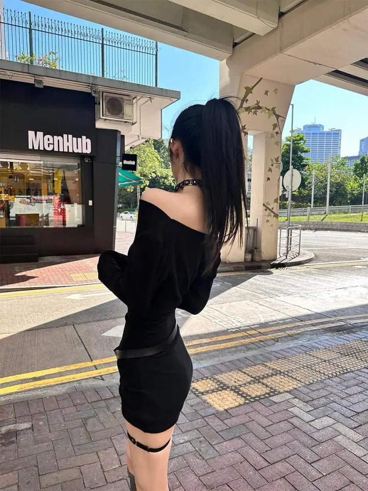 Seeslim Black Slim Sexy Mini Dress Women Long Sleeve Autumn Off Shoulder Korean Fashion 2000s Y2k Clothes Party Dresses Chic