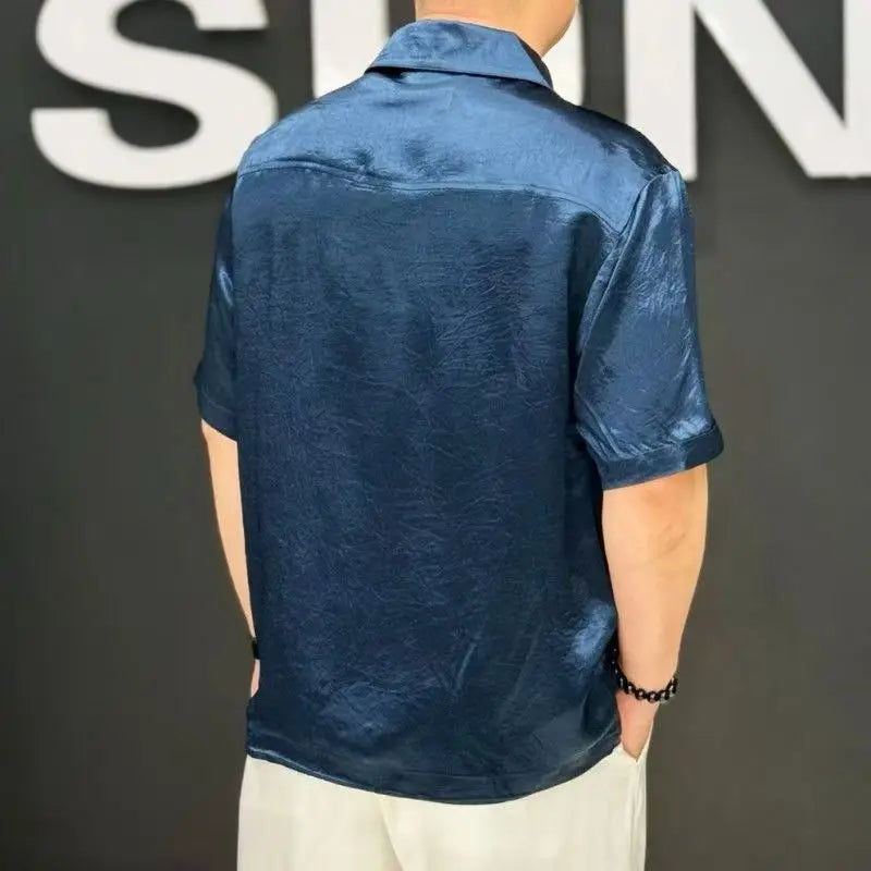 Summer New Solid Color Lapel Zipper Short Sleeve Casual T-Shirt Men's Trendy Light Luxury Cardigan Top