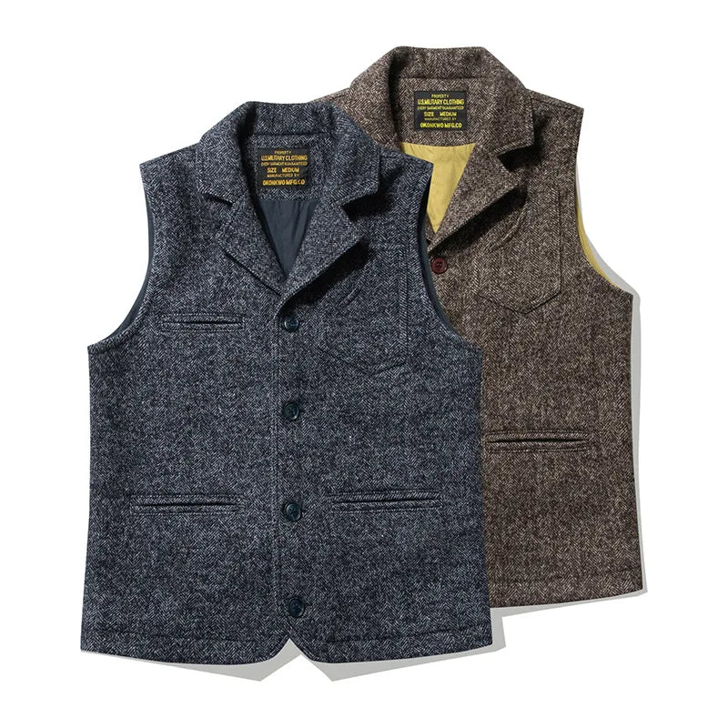 Good Quality Winter Fashion Men's Retro British Tweed Wool Vest Thick Double-Layer Multi-Pocket Suit-Collar Vest Warmth Top Male
