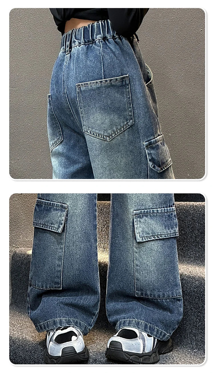 Kids Design Luxury Straight Leg Cargo Jeans with Multi Pocket for Teens Girl Cool Denim Pants Tweens Child Casual Jeans Trousers