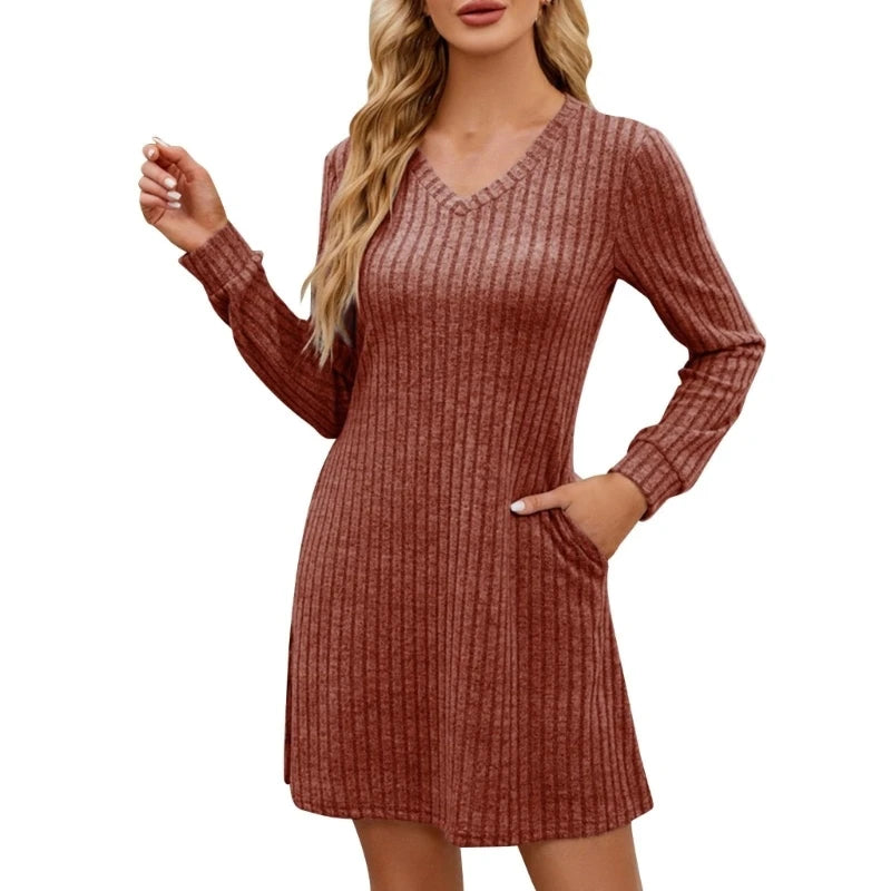 Women's Autumn Ribbed Knit Sweater Casual Long Sleeve V-Neck Belted Dress Pocket Short Skirt