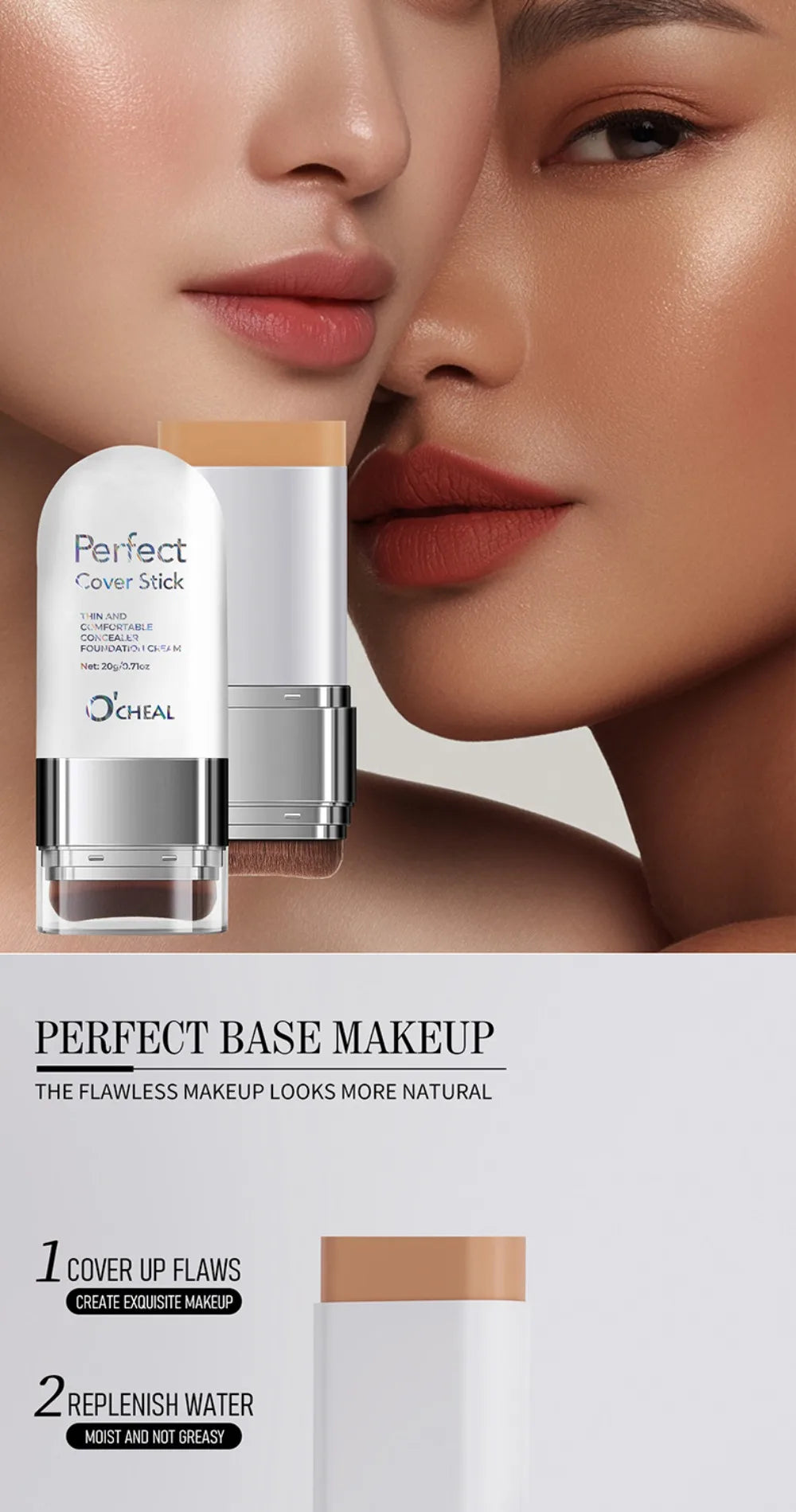 Thin and Comfortable Perfect Cover Stick Waterproof Long-lasting Foundation Cream with Brush Instant Natural