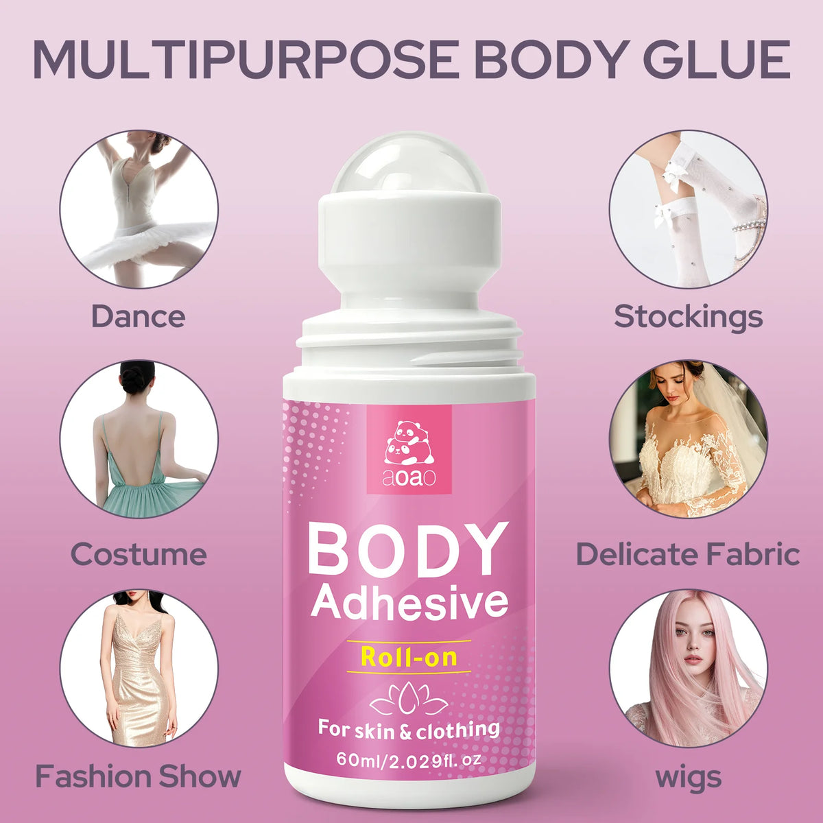 Liquid body adhesive roll-on glue for strapless dresses and work shirts, all-day adhesion — sweat-proof and quick-drying.