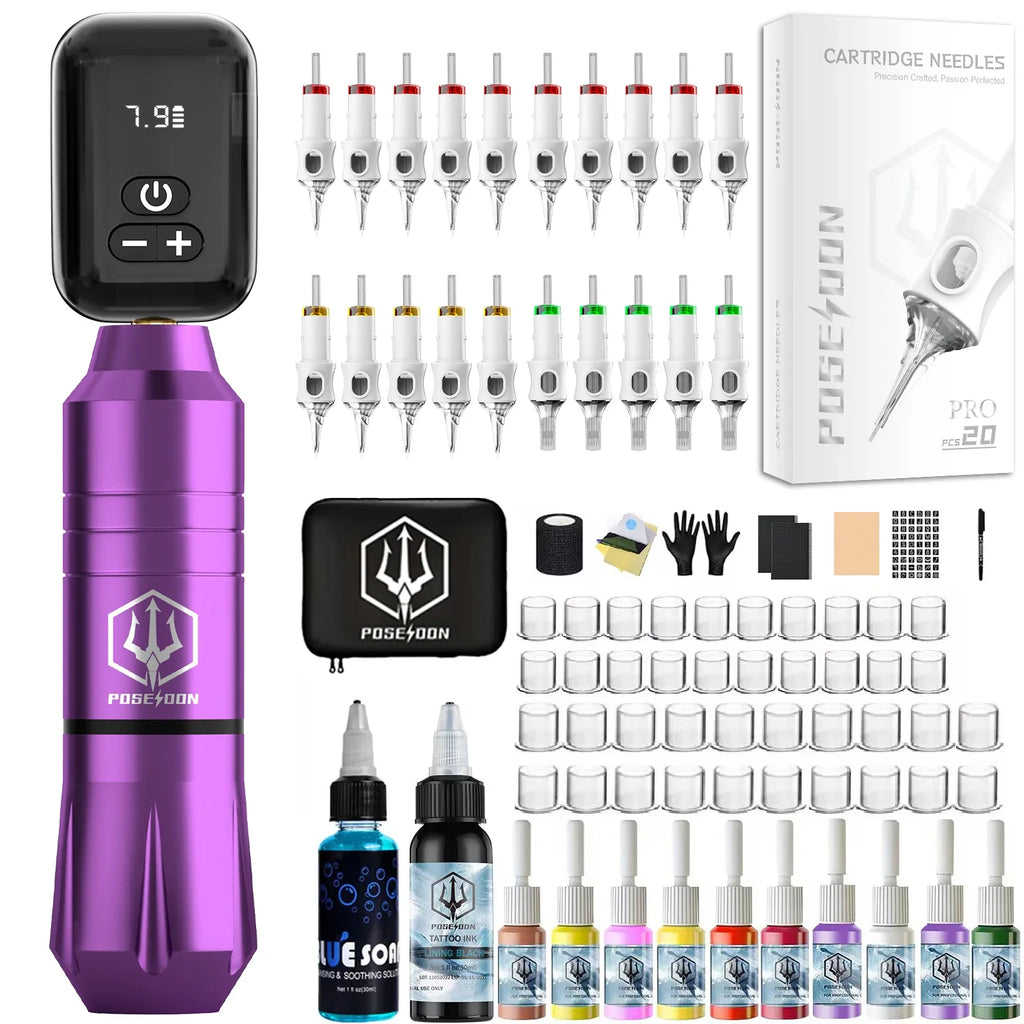 POSEIDON Tattoo Kit 20 V6 Tattoo Needles Tattoo Pen Kit For Permanent Makeup Tattoo Machine Kit Purple Wireless Tattoo Gun Kit