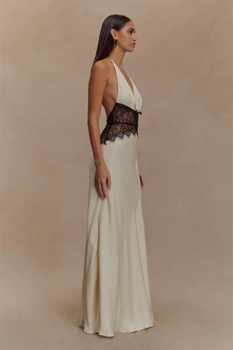 Mozision Summer Backless Sexy Maxi Dress Women Gown Patchwork Lace Halter Deep V Neck Sleeveless High Waist Elegant Long Dress