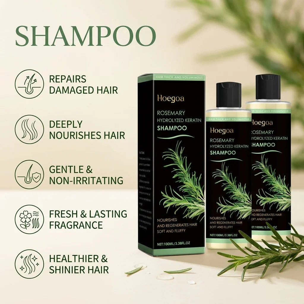 Hoegoa Rosemary Hydrolyzed Keratin Thickening Shampoo 100ml,Nourishing Volumizing Hair Regrowth Treatment for Thinning Hair