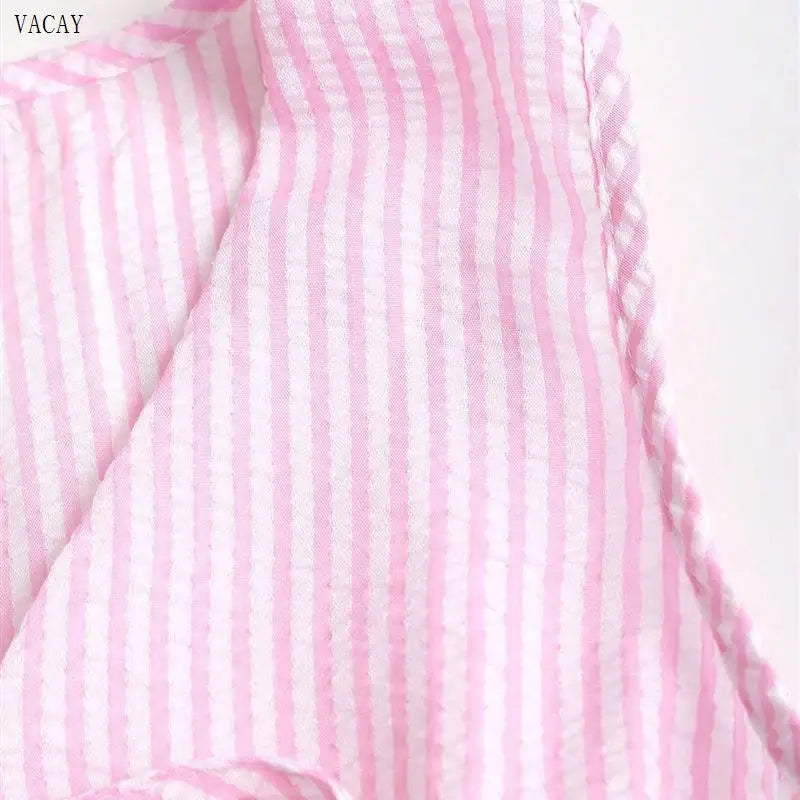Vacay Pure Color Stripe Loose Summer Set Casual Versatile Holiday Outfit Women's Fashion Set Long Pants Sleeveless European S...