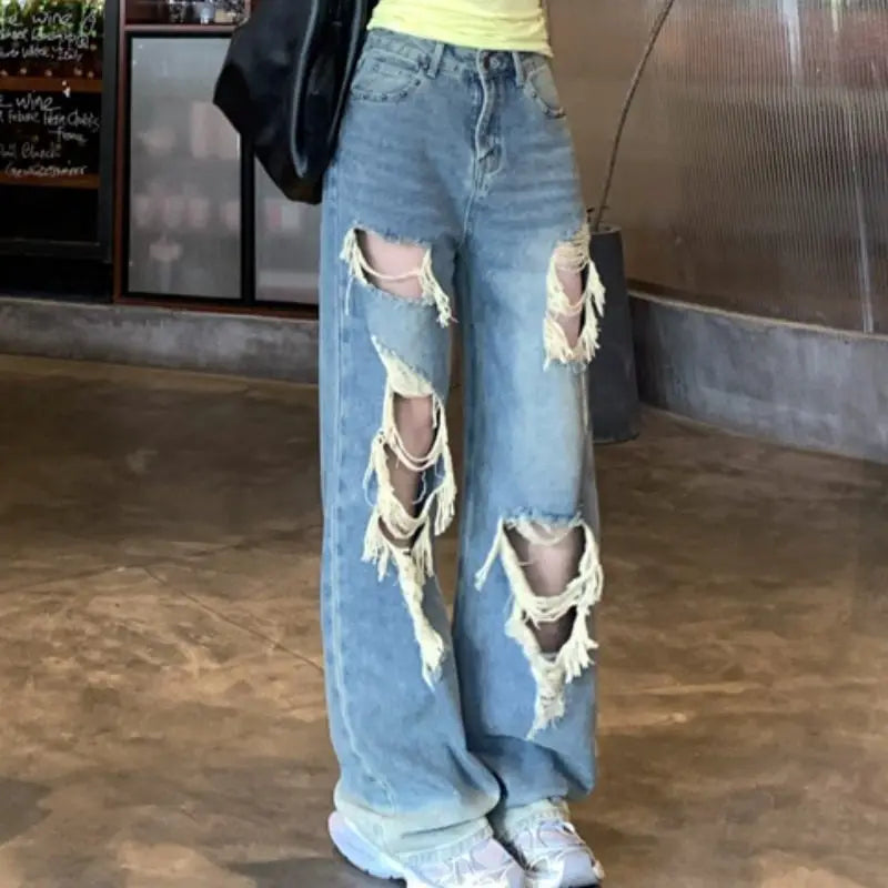 Retro Ripped Jeans for Women Summer High Waisted Loose Straight Leg Pants 2026 New Casual High Street Wide Leg Denim Trousers