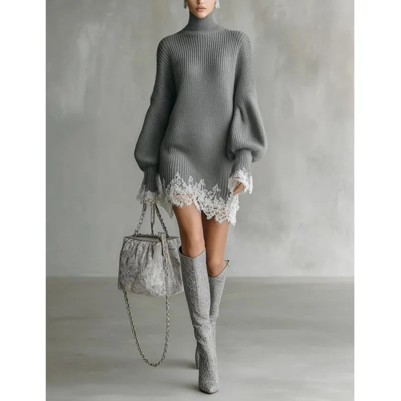 Knitted Sweater Dress For Women Autumn Winter Casual Solid High Neck Dresses Lady Fashion Lace Hem Splicing Loose Mini Vestidos