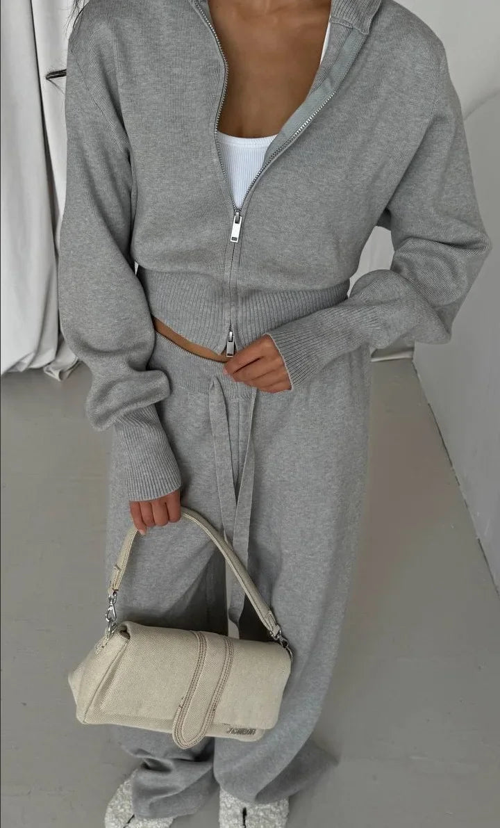 Women Cotton Knitted Cardigan Wide Leg Pants Suit Autumn and Winter Lady  Fashion Loose Daily Office Jacket Straight Pants 2Pcs