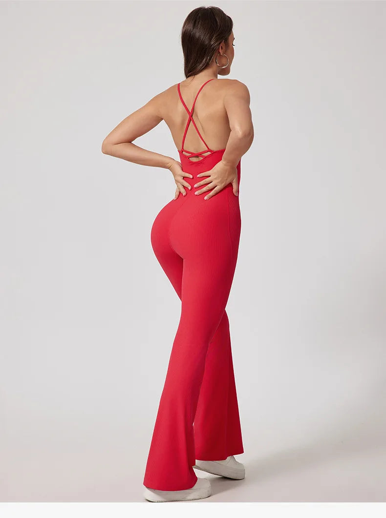 Women Thread Yoga Jumpsuit Sleeveless Gym Tracksuits Flared Overalls Workout Bodysuits Sportswear Female Sports One-Piece Outfit