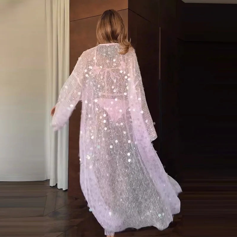 Sexy Sequined Women's Cardigan Dress Mesh Long Sleeve Loose Lace Up Ankle-Length Dresses 2026 Summer Chic Female Vacation Robe