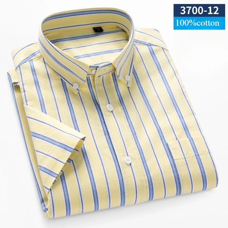 New In Shirt Summer 100%Cotton Short Sleeve Shirts for Men Slim Fit Formal Plain Shirt Designer Plaid Korean Popular Clothes