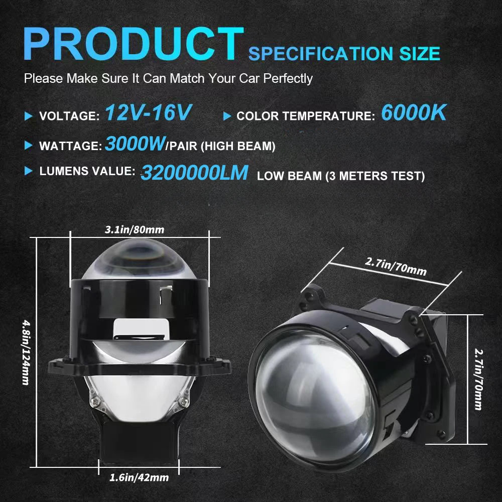 2PCS 3 Inch Bi LED Projector Headlights Lenses for Hella LED Lights Projector 3000W 32000000LM Diode Headlamp Car Accessories