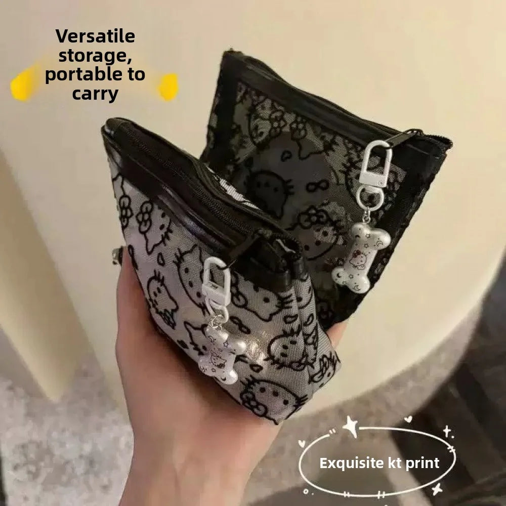 Simple touch-up bag kitty storage bag, large capacity, portable, black mesh hand makeup bag, cute and dirt-resistant