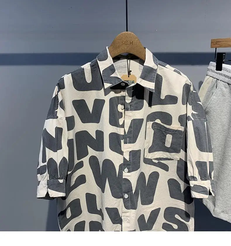 2024 Summer Trendy Men's Fashionable Lapel Full Body Letter Print High-end Versatile Casual Loose Oversized Short Sleeved Shirt