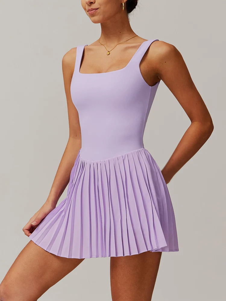 VITALINOVO Workout Tennis Dress with Built in Shorts Square Neck Padded Workout Dress with Pockets Golf Athletic Mini Dresses