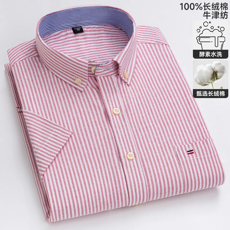 New 100% Cotton Oxford Men's Shirts Short Sleeve Plaid Soft Regular Fit Formal Dress Shirt Social Blouse Male Clothes 6XL 7XL