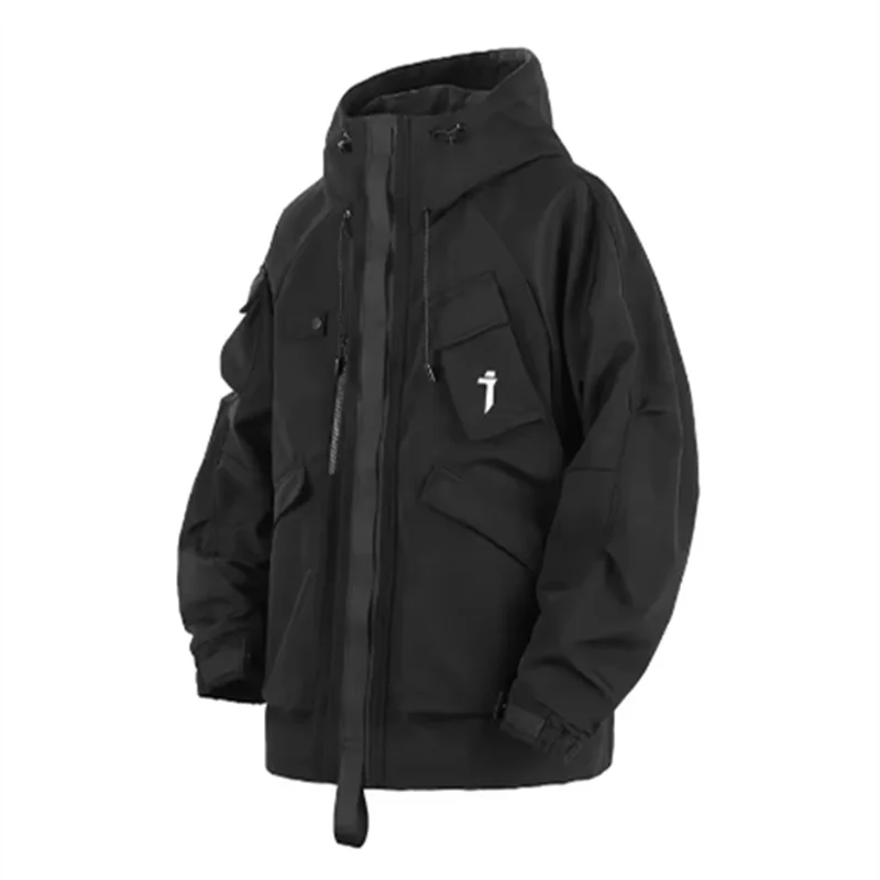 Spring New 2025 Outdoor Hardshell Jacket Men's Loose Punk Style High Street Stand Collar Hooded Coat Fashion Personality Top