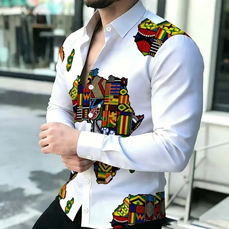 Men Long Sleeve Button Down Shirt Vintage Art Pattern Print Casual Daily Festival Outfit For