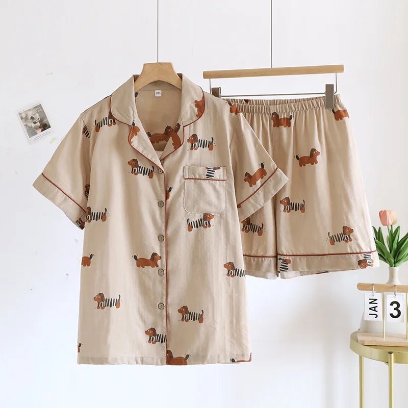 Japanese simple short pyjamas women 100% cotton short sleeves ladies pajama sets shorts Cute cartoon sleepwear women homewear