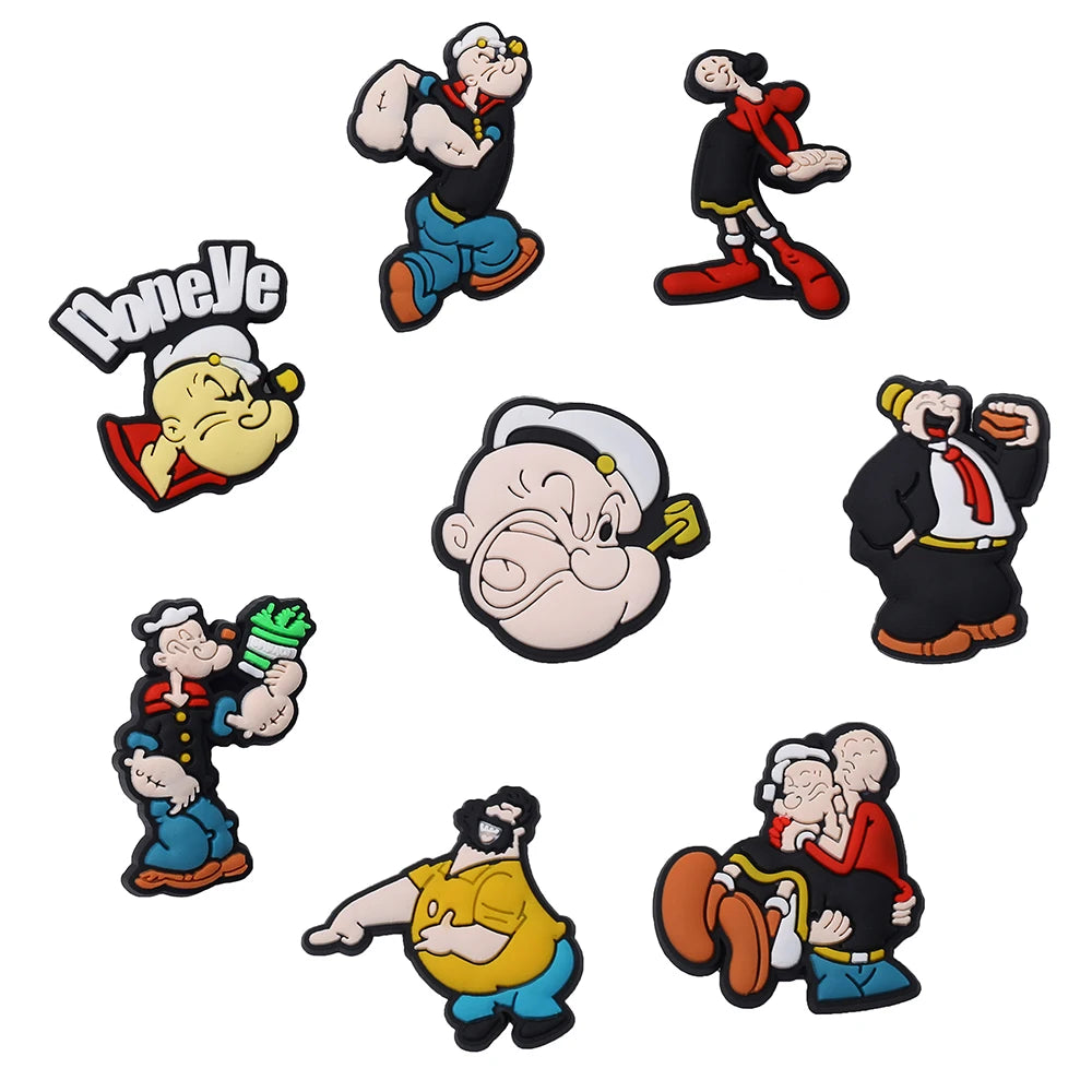 1-8pcs Hot toys Popeye PVC Cute Cartoon shoes Charms Accessories DIY Detachable Waterproof PVC Shoe Decorations for Party Gifts