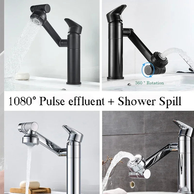 1080° Swivel Bathroom Sink Faucet Basin Faucet Mixer Deck Mounted Splash Proof Water Tap Shower Head Aerators Tapware