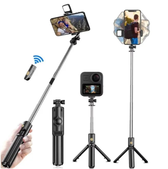 Wireless Selfie Stick with Tripod Stand and Light, Bluetooth Remote, Extendable for iPhone, Mobile Phone, Live Streaming