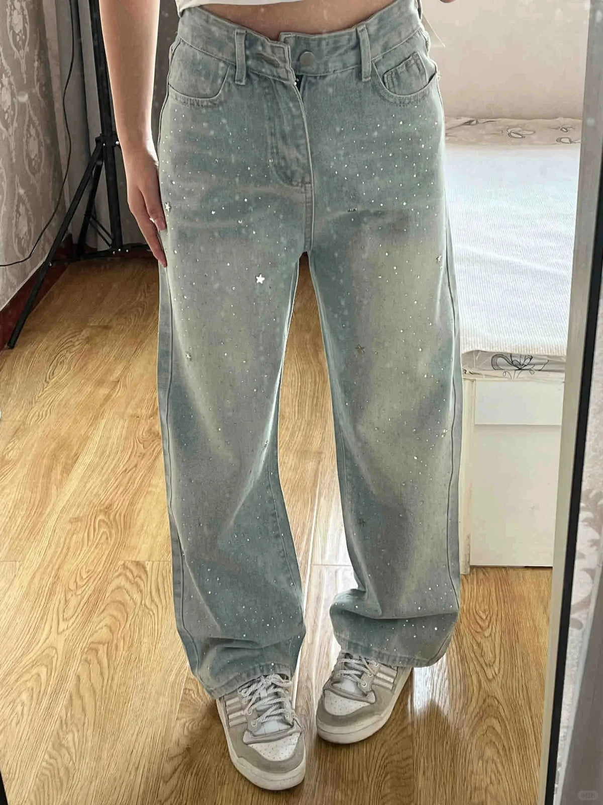 Women's 2025 Autumn New Light Blue Hot-Selling Rhinestone Straight Jeans High Waist Wash Jeans Loose Slimming Wide Leg Trousers
