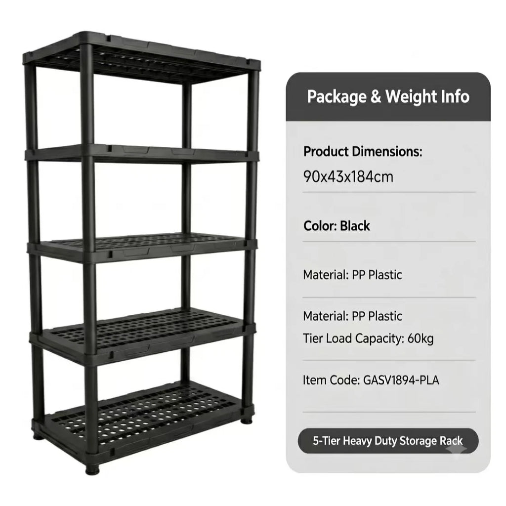 4 & 5 Tier Plastic Storage Shelving Unit, Heavy Duty Black PP Utility Rack, 3 Sizes Available Waterproof Organizer for Garage Kitchen Basement Laundry Pantry