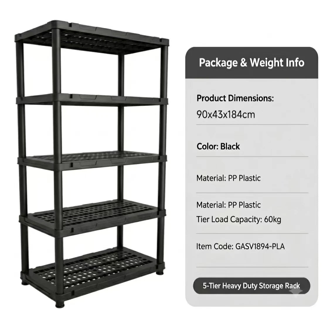 4 & 5 Tier Plastic Storage Shelving Unit, Heavy Duty Black PP Utility Rack, 3 Sizes Available Waterproof Organizer for Garage Kitchen Basement Laundry Pantry