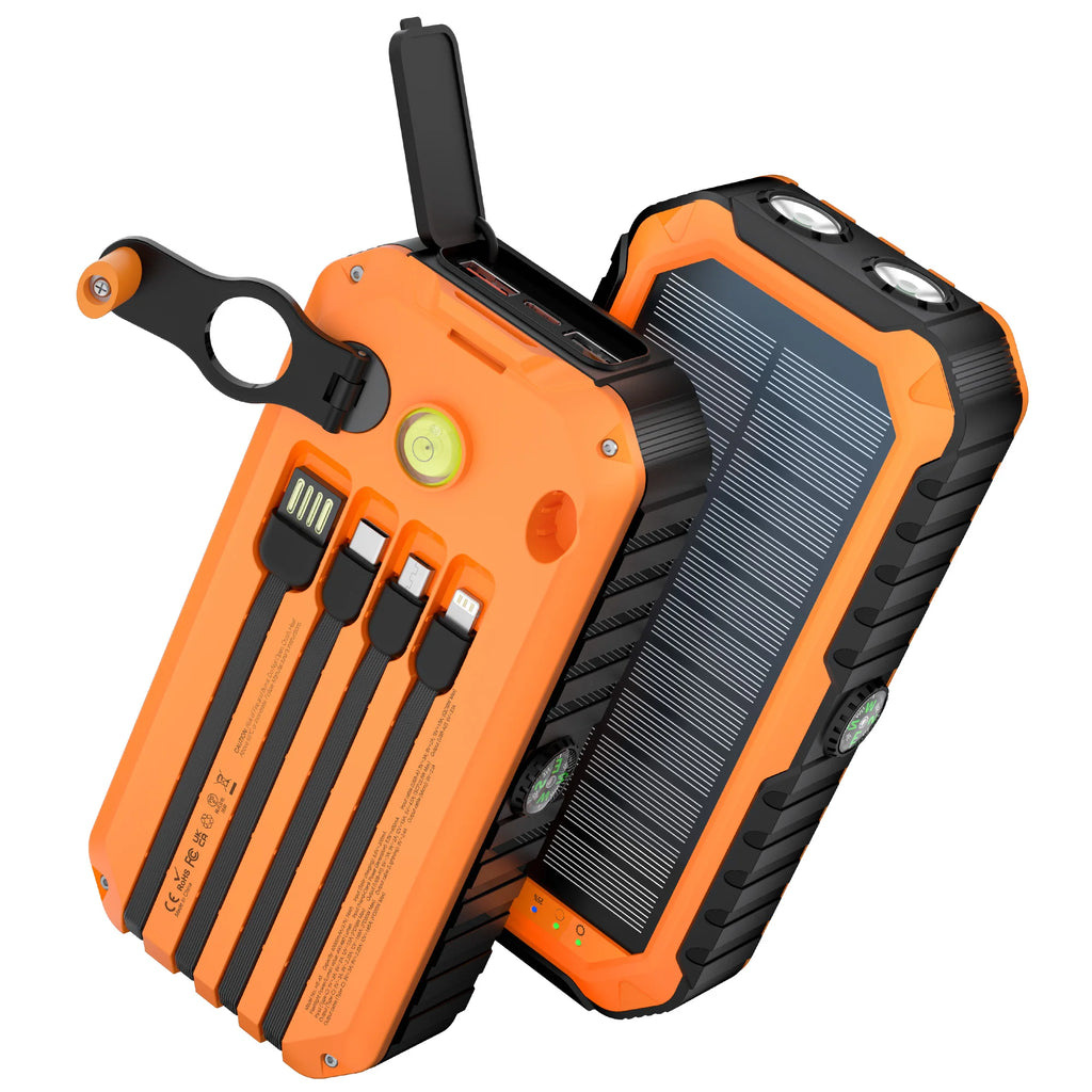 40,000mAh Solar Power Bank with Hand Crank & 4 Cables,Dual UsB/Type-C Fast Charging, Bright LED Light, Built-inCompass & Leveler