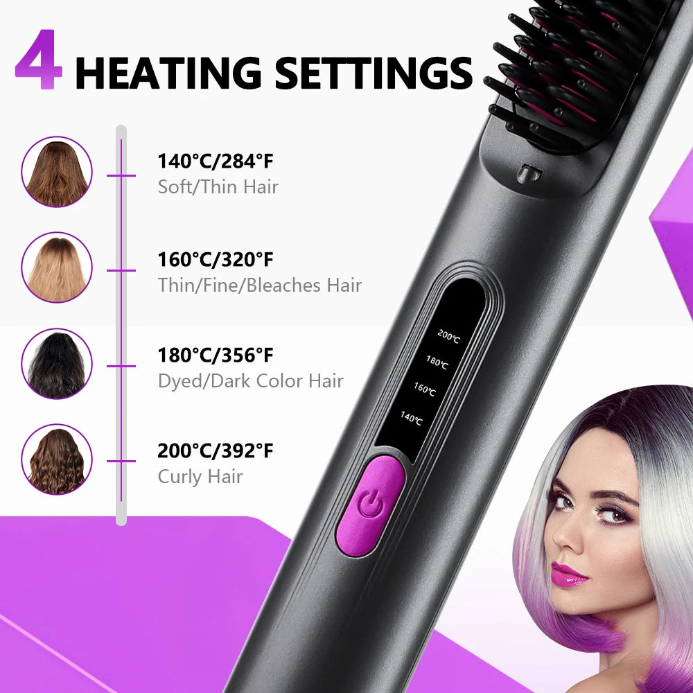 Cordless Hair Straightener 4 Temp LCD Display Anti-scald Hair Straightening Brush Portable Rechargeable Hair Styler Travel Women