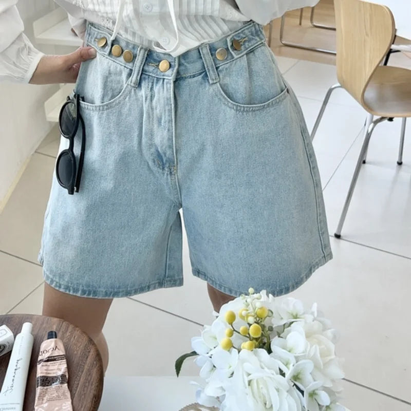 New 2024 Summer Denim Shorts For Women High Waist Sky Blue Color Wide Leg Loose Buttons Streetwear Loose Jean Shorts Women