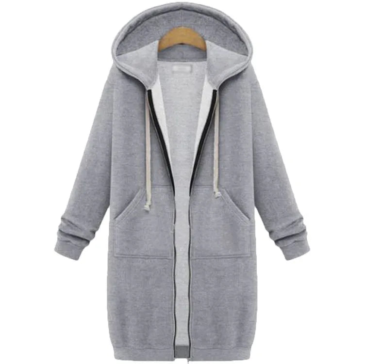 Autumn Winter Women's Hooded Long Sleeve Mid-Length Sweatshirt Fleece Jacket Comfortable Casual Style Polyester Fabric