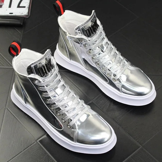 Men's High Boots Shiny Patent Leather Board Boys High-Top Casual Shoes 2025 New Fluorescent Green Gold Silver White Men'sneakers