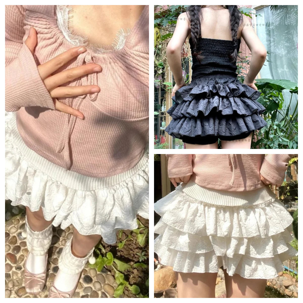 Kawaii Ball Gown Short Skirt Pleated Ruffles Layered High Waist Solid Mini Cake Skirts Lolita Girl Sweet Cute Elastic Waist  Y2K