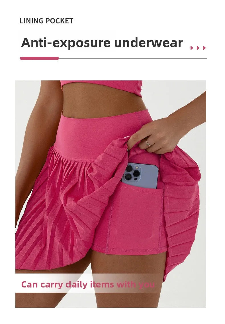 High Waist Women Tennis Pleated Skirt with Inner Lining High Waist Double Layer Design Sport Sexy Fitness Yoga Shorts Dancing